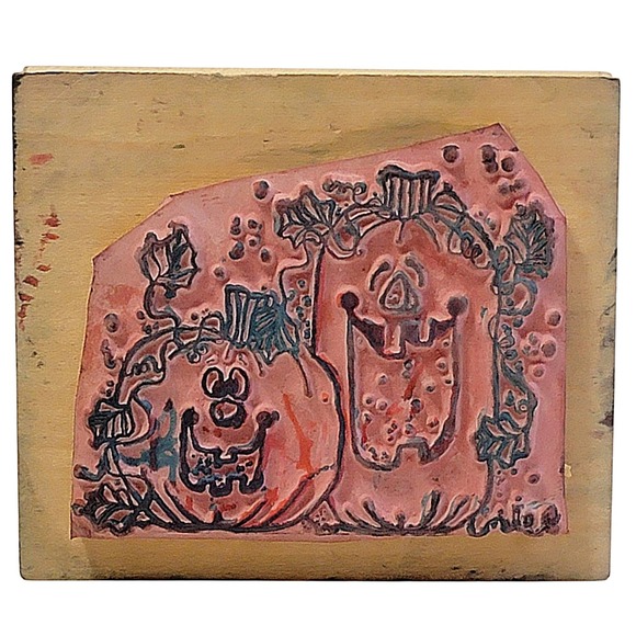 VTG 90s DOTS DJ Hook Punks Rubber Stamp Q121 1991 3"x3.5" Halloween Pumpkin Wood - Picture 2 of 4